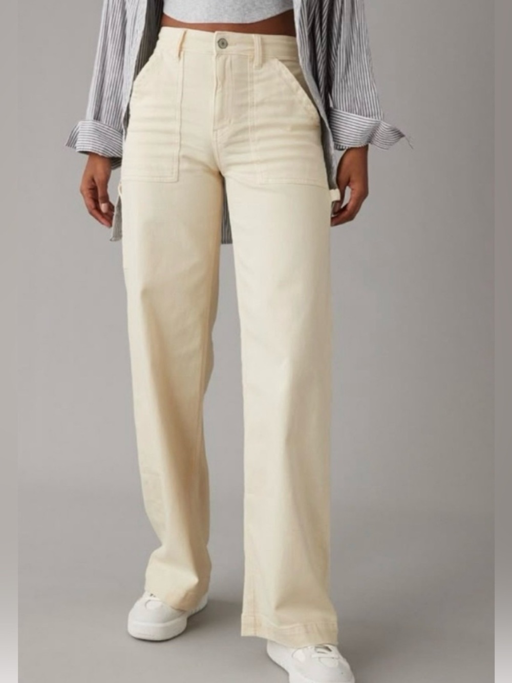 American Eagle Super High Rise Baggy Wide Leg Jeans Cream Women’s Size 6R EUC